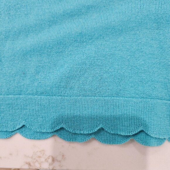 J. Mclaughlin Sweater Medium Knit Top Scalloped Hem Turquoise Cotton Cashmere - Picture 3 of 10